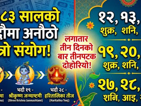 २०८३ सालको भदौमा अनौठो संयोग : लगातार तीन दिनको बार तीनपटक दोहोरियो २०८३ सालको भदौमा अनौठो संयोग : लगातार तीन दिनको बार तीनपटक दोहोरियो